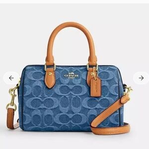💯Coach MINI Denim Signature Satchel with Tan Leather Trim